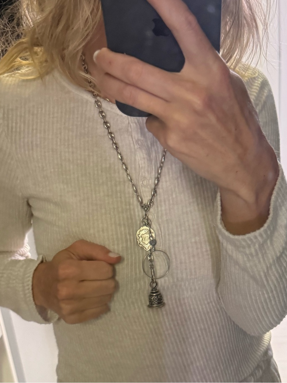 Sterling Silver Puffed Mariner Chain Necklace with Victorian-Style Fob Charms - Picture 8 of 8